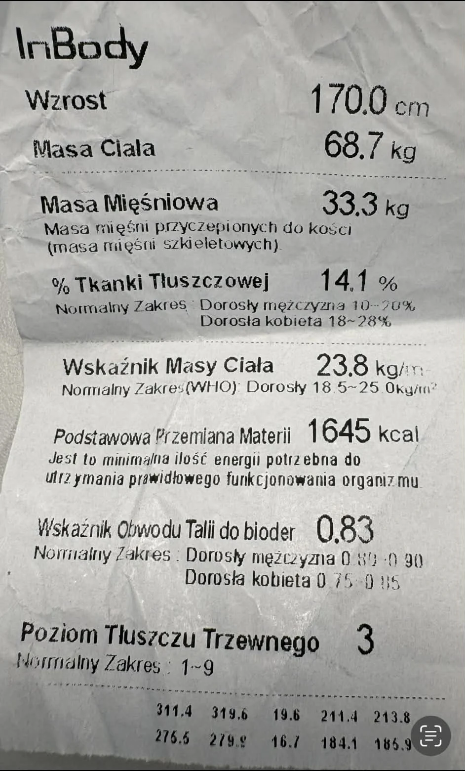 Wynik pomiaru InBody Tomka po redukcji